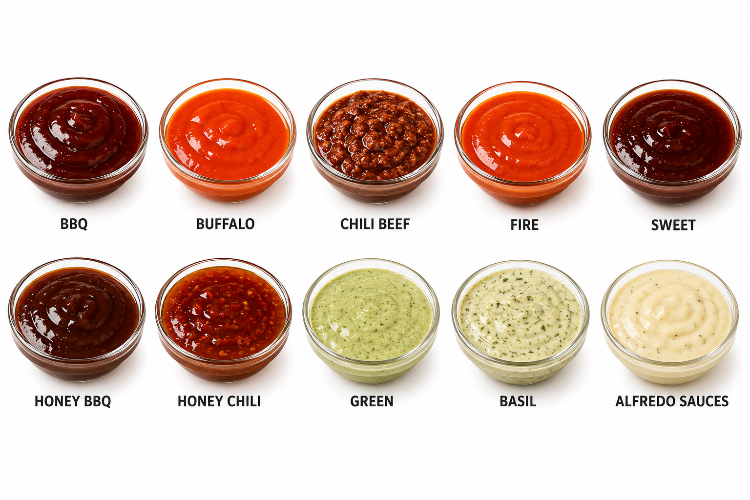 BBQ / Buffalo / Chili Beef / Fire / Sweet / Honey BBQ / Honey Chili / Green / Basil / Alfredo Sauces